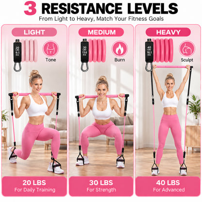 Pilates Bar Kit with Resistance Bands, 1.26in Wide Foot Straps, 3-Section Home Gym Workout Equipment