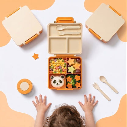 M Buder 1700ML Bento Box for Kids, Leak-Proof Lunch Box with 3 or 4 Compartments, 350 ml Insulated Food Jar, Fork, Spoon, Orange