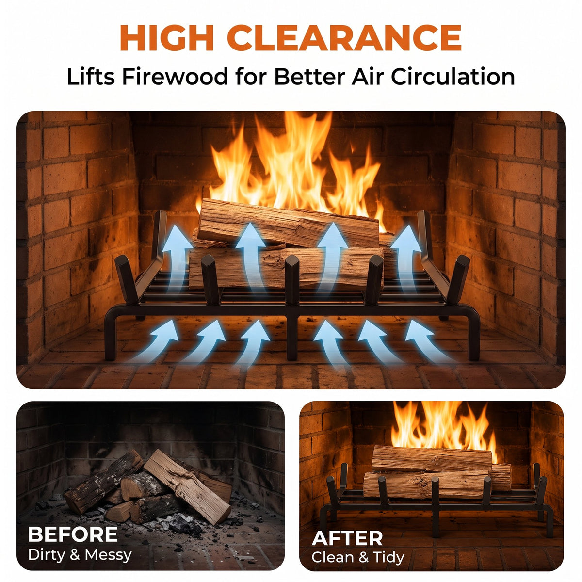 Ouneot 16.14in Cast Iron Fireplace Grate Log Rack, 1/2in Thick Bars 6 Legs for Indoor Stove Outdoor Fire Pit Camping