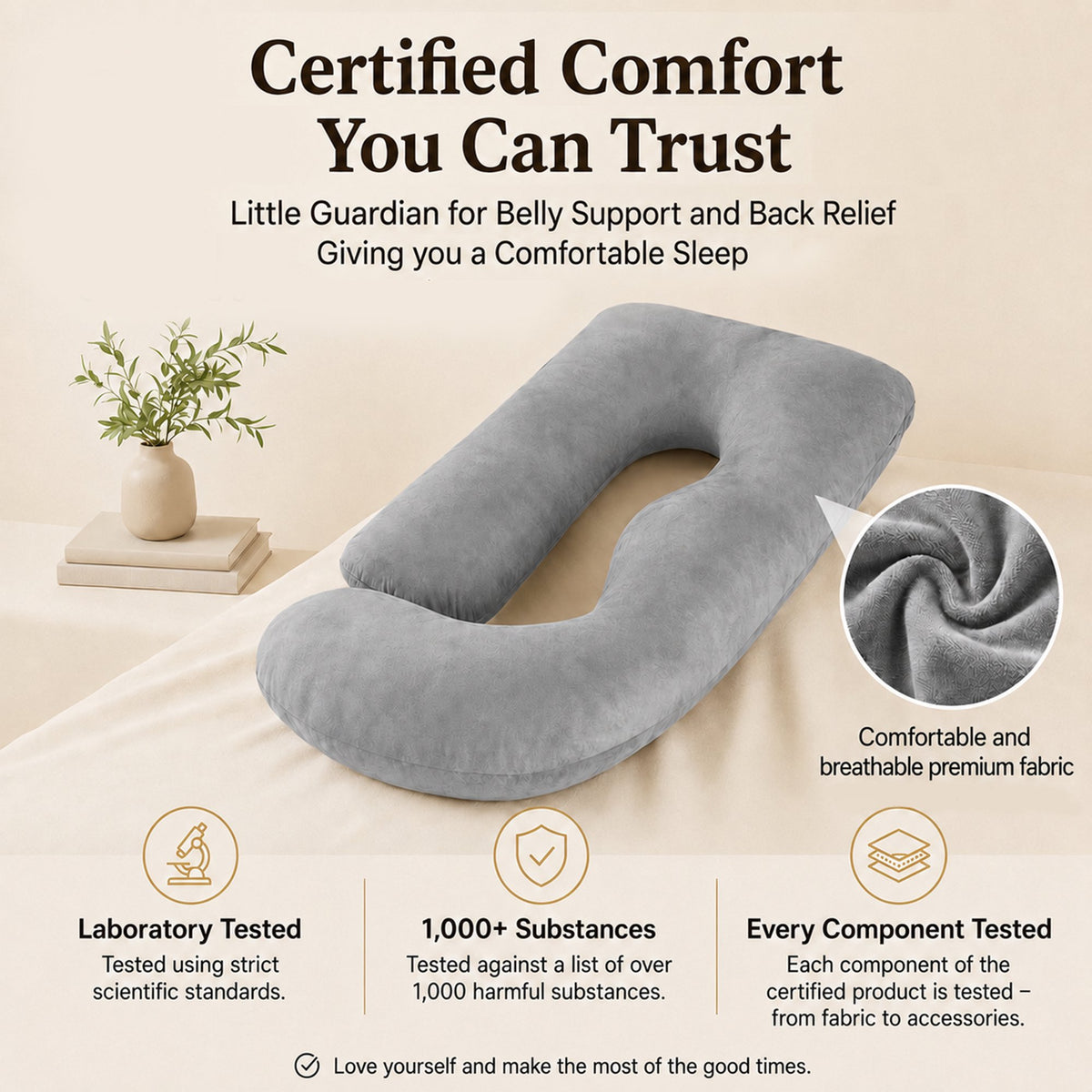 Pregnancy Pillow U Shaped Full Body Soft Maternity Pillow with Removable Velvet Cover, 70 Inch, Gray