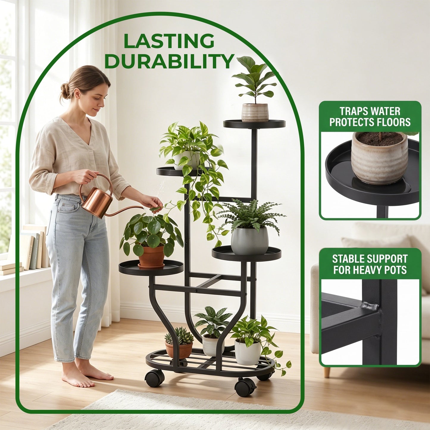 OHHANI 5-Tier Metal Plant Stand with Wheels, Tall Indoor/Outdoor Corner Flower Pot Display Shelf, Matte Black