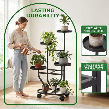 OHHANI 5-Tier Metal Plant Stand with Wheels, Tall Indoor/Outdoor Corner Flower Pot Display Shelf, Matte Black