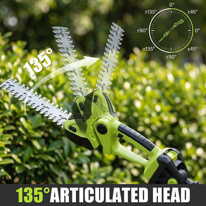 HOTREE 21V Cordless Pole Hedge Trimmer, 3-in-1 with 6 in Pole Saw & Branch Saw Attachment, 2.0Ah Battery & Charger, 16 ft Reach
