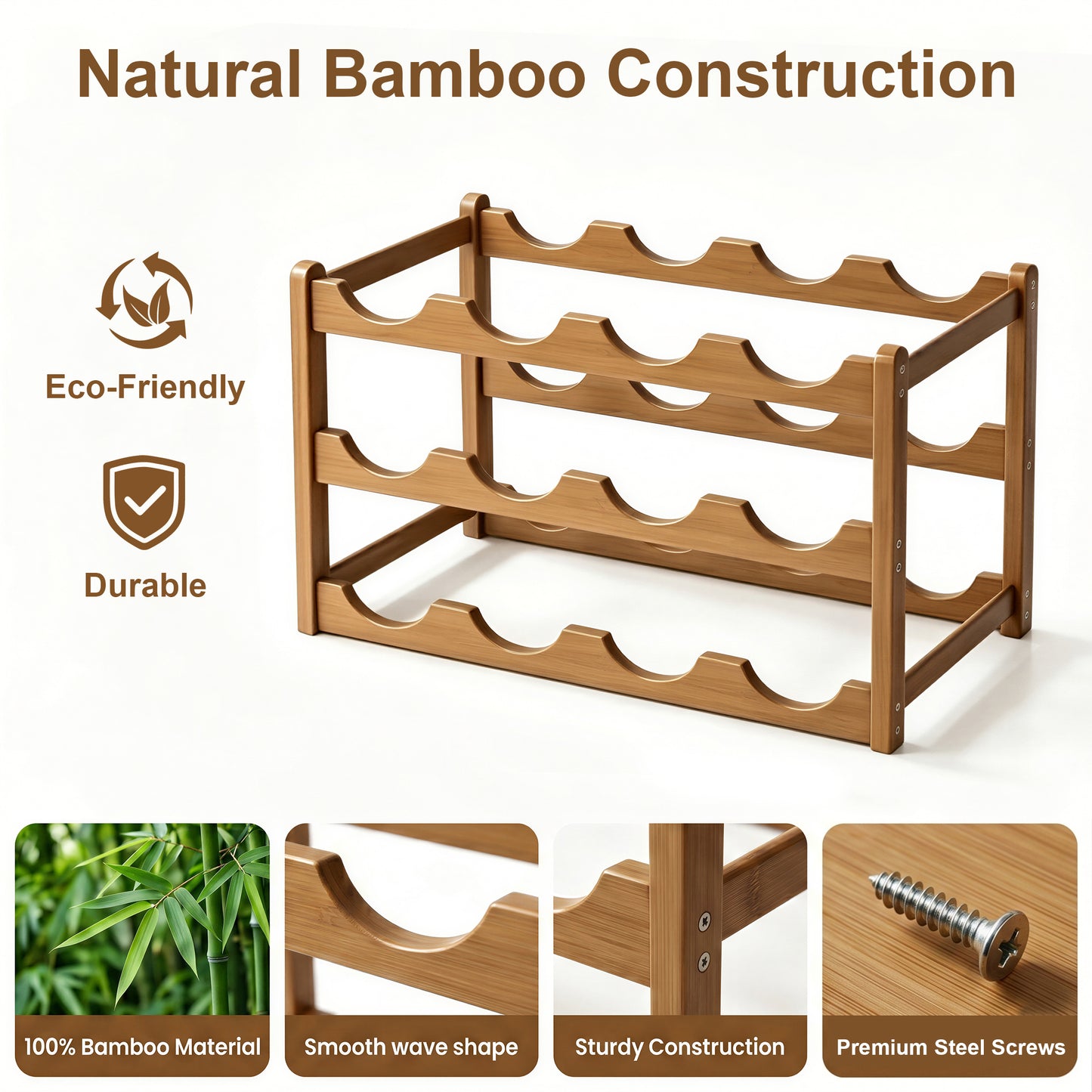 Riousery Bamboo Wine Rack, 3-Tier Freestanding Countertop Wine Bottle Holder, 12 Bottle Storage Rack, Sturdy & Easy Assembly, Brown