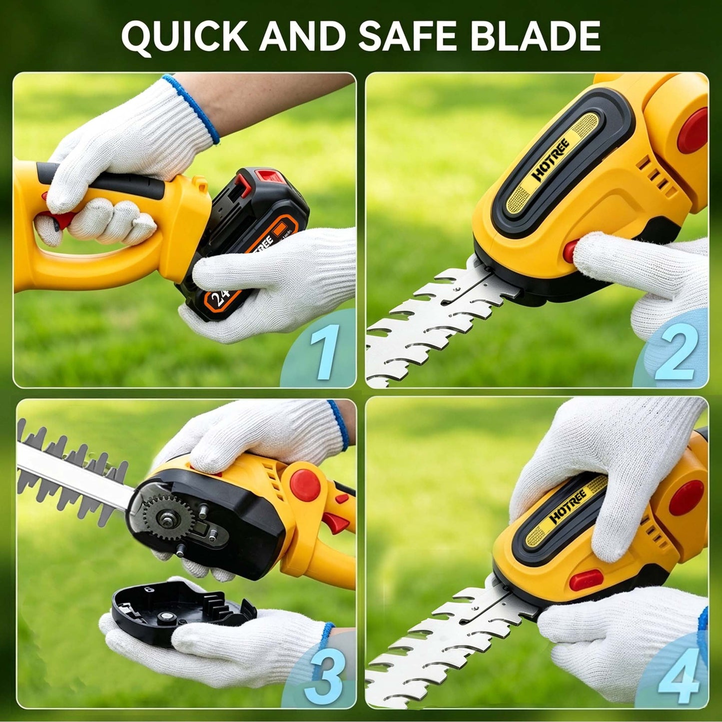 HOTREE Cordless Hedge Trimmer & Grass Shears, 90° Adjustable Head, 25,000 RPM, 2.4 lb, Up to 60 min Runtime
