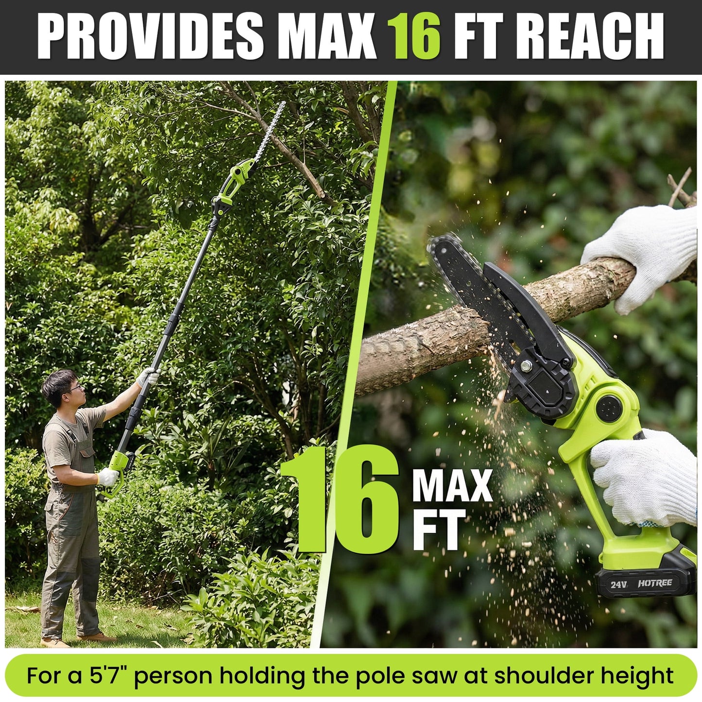 HOTREE 21V Cordless Pole Hedge Trimmer, 3-in-1 with 6 in Pole Saw & Branch Saw Attachment, 2.0Ah Battery & Charger, 16 ft Reach