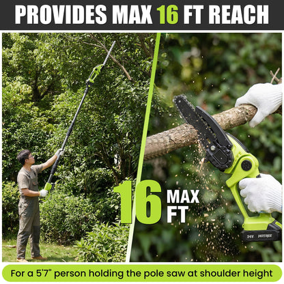 HOTREE 21V Cordless Pole Hedge Trimmer, 3-in-1 with 6 in Pole Saw & Branch Saw Attachment, 2.0Ah Battery & Charger, 16 ft Reach