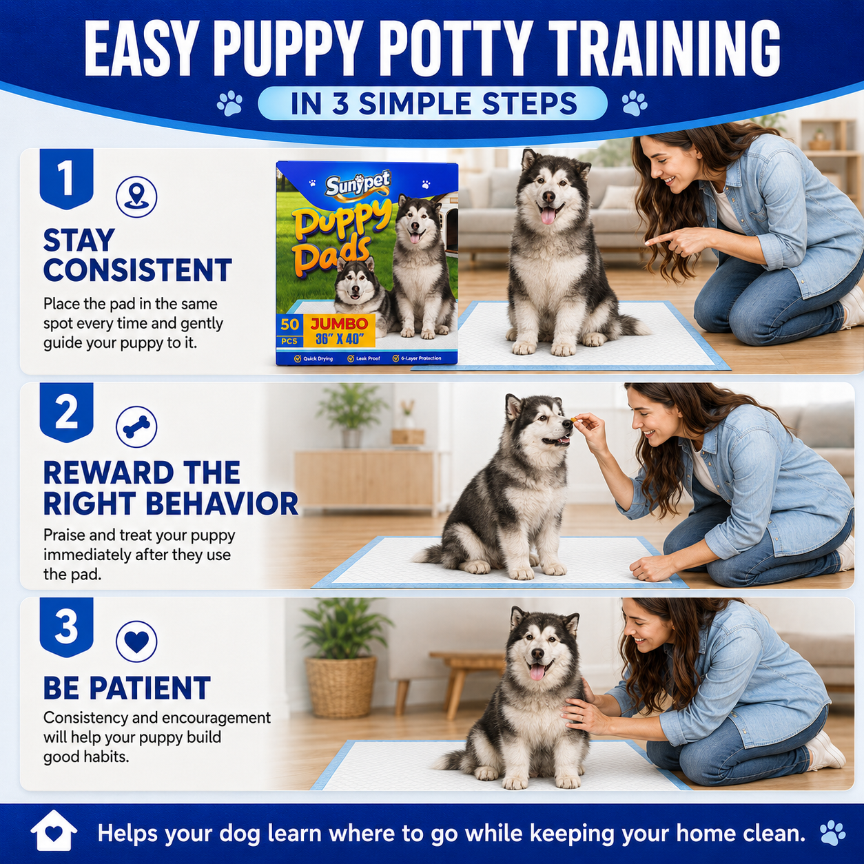Sunypet Puppy Pads Disposable Dog Potty Training Pads, Quick Dry, Ultra Absorbent,Jumbo 36"x40", 50ct