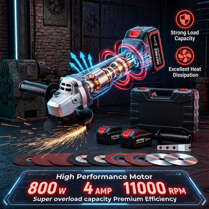 HOTREE 21V Cordless Brushless Angle Grinder Kit, 4-1/2 Inch, with 2 Batteries, Fast Charger, Cutting/Grinding/Polishing Accessories and Hard Case for Metal & Wood