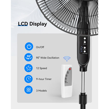 NFTIGB 16'' Oscillating Pedestal Fan w/Remote and Timer, 12 Speeds,Adjustable Height Floor Fan New