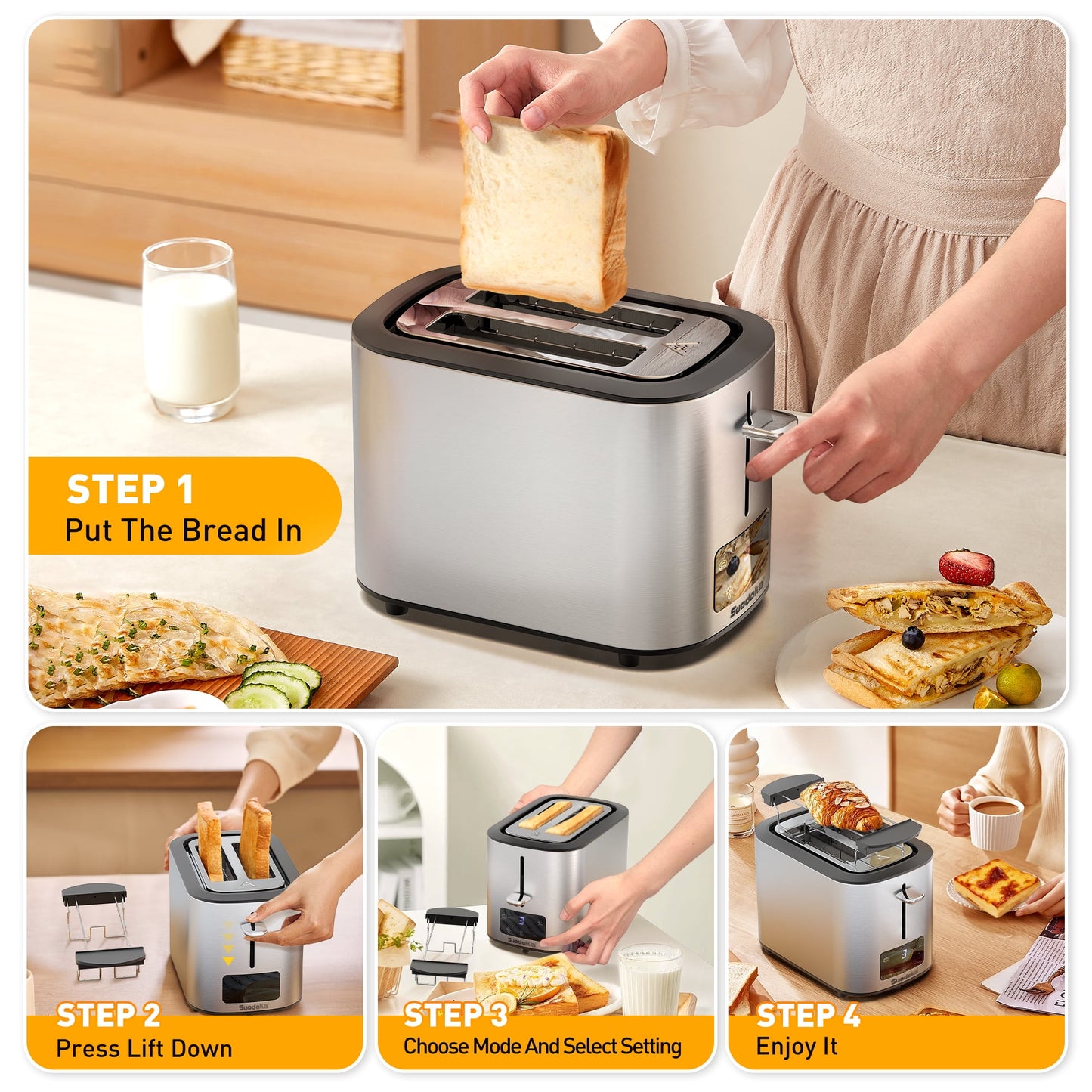 Suodoka Toaster 2 Slice Wide Slots, Touchscreen 6 Shade Settings,Bagel Defrost Reheat Cancel New