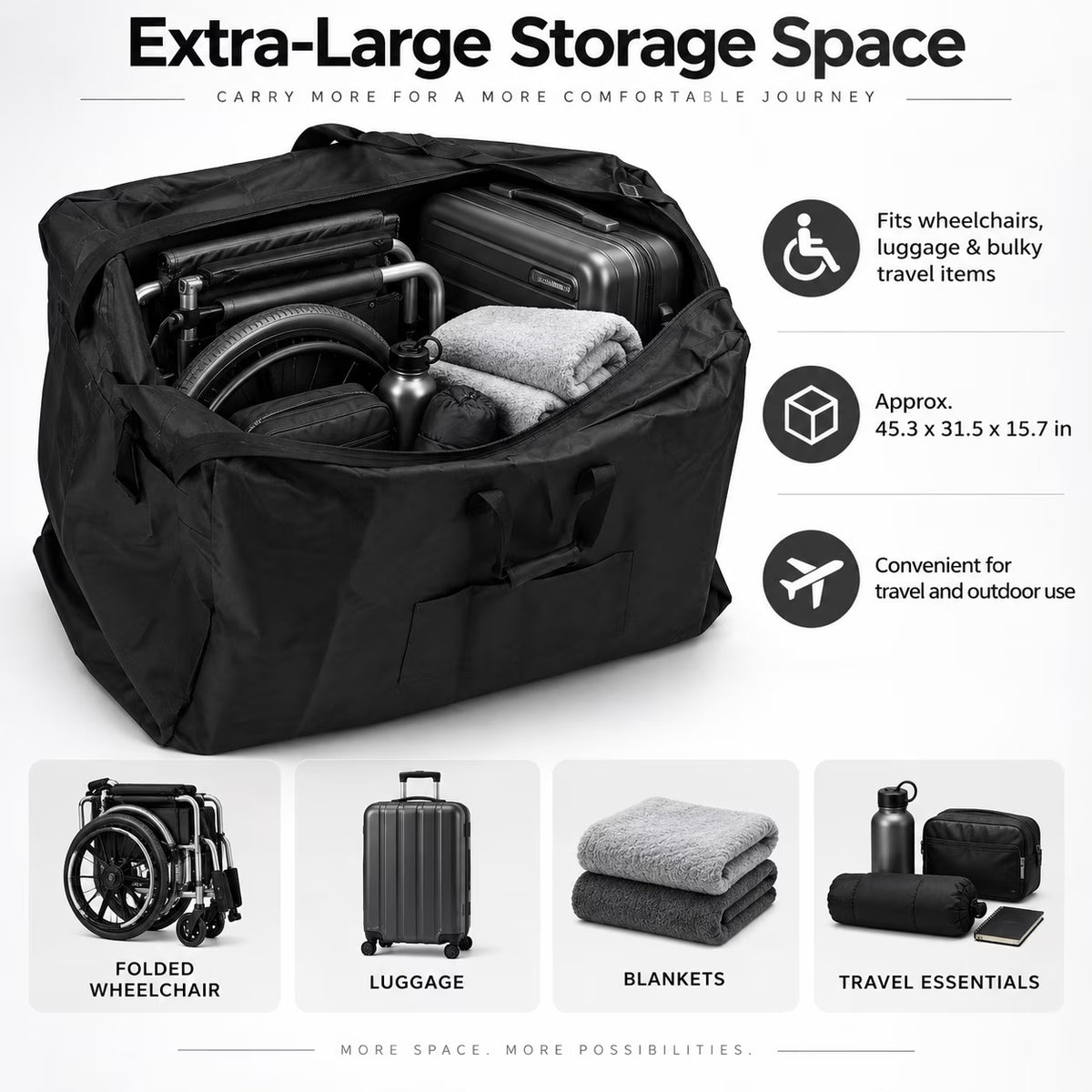 GONCON Foldable Wheelchair Bag Waterproof Large Capacity Oxford Cloth Travel Carrier for Travel Outdoor Black, 45.3 x 31.5 x 15.7 inches / 115 x 80 x 40 cm