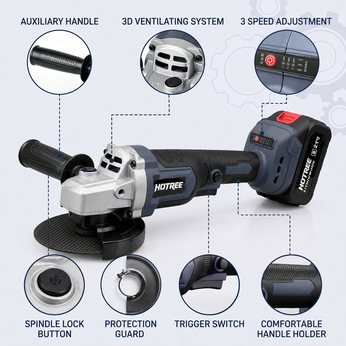 HOTREE 21V Cordless Brushless Angle Grinder Kit, 4-1/2 Inch, with 2 Batteries, Fast Charger, Cutting/Grinding/Polishing Accessories and Hard Case for Metal & Wood