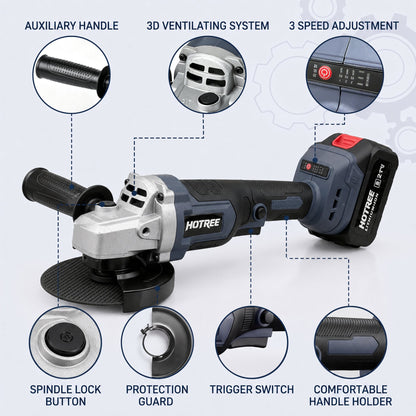 HOTREE 21V Cordless Brushless Angle Grinder Kit, 4-1/2 Inch, with 2 Batteries, Fast Charger, Cutting/Grinding/Polishing Accessories and Hard Case for Metal & Wood