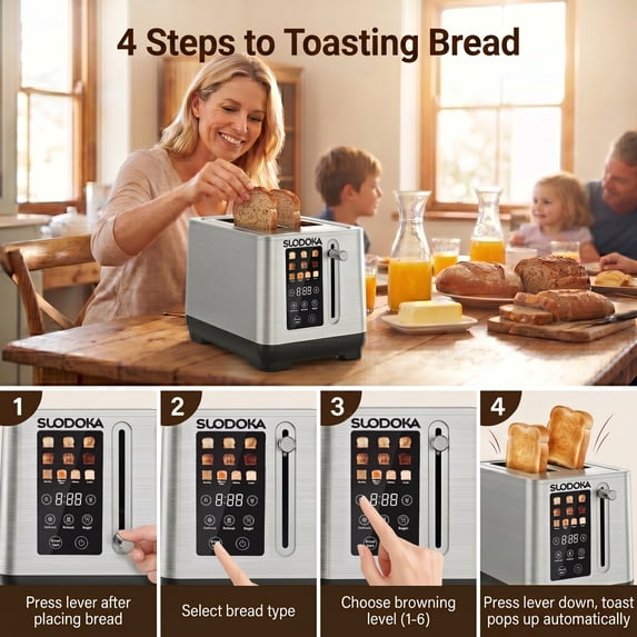 Suodoka 2-Slice Digital Toaster, Stainless Steel Touch Control Toaster with 6 Shade Settings, 5 Functions & 5.51" Extra-Wide Slots