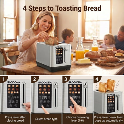 Suodoka 2-Slice Digital Toaster, Stainless Steel Touch Control Toaster with 6 Shade Settings, 5 Functions & 5.51" Extra-Wide Slots