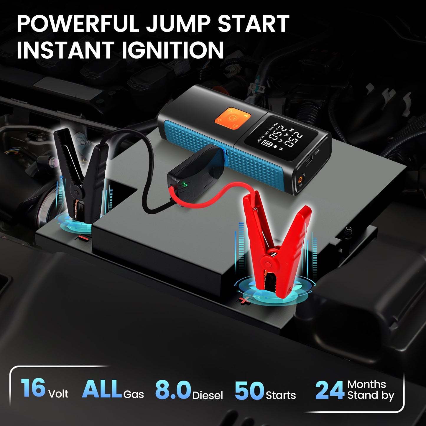 Floray Car Jump Starter with Air Compressor – 16V Jump Pack & Tire Inflator with 5 Pressure Modes, Power Bank, Emergency LED Light, and Smart Safety Protection