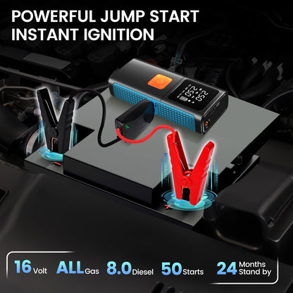 Floray Car Jump Starter with Air Compressor – 16V Jump Pack & Tire Inflator with 5 Pressure Modes, Power Bank, Emergency LED Light, and Smart Safety Protection