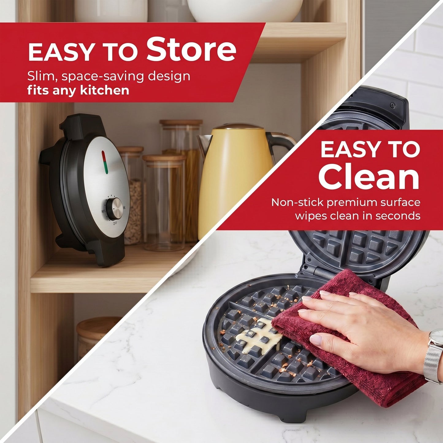 Casualife 1000W Round Waffle Maker with Non-Stick Plates, Dual Indicator Lights and Cool-Touch Handle, Fast Heating Belgian Waffle Iron for Home Kitchen