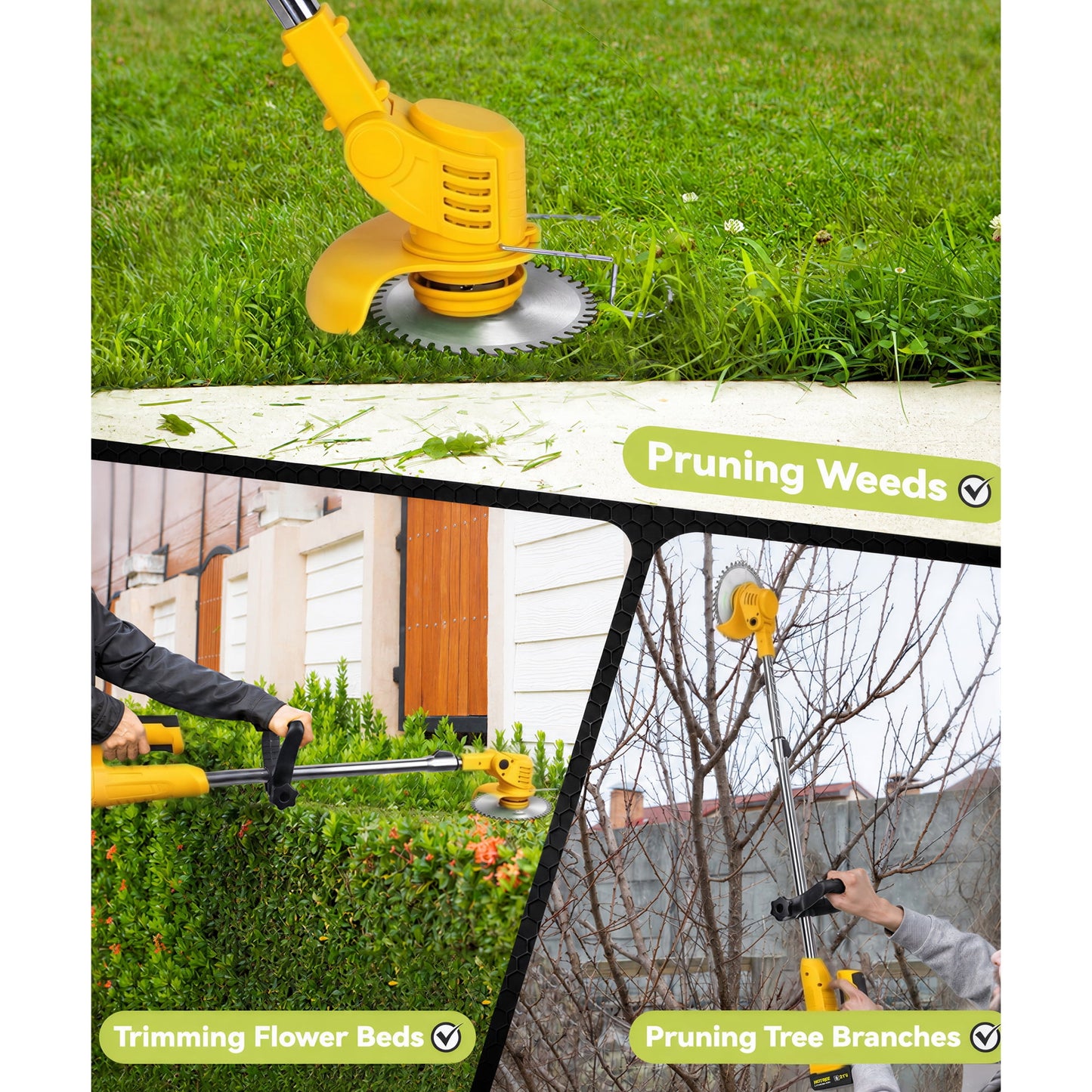 HOTREE 21V Cordless Electric String Trimmer with 2×2.0Ah Batteries, 3 Functional Blades & Adjustable Handle-Weed Wacker Edger for Yard & Garden Maintenance