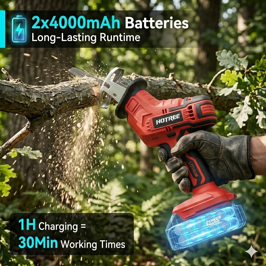 HOTREE Cordless Reciprocating Saw, Variable Speed, 2 x 2.0Ah Batteries, Blades Kit for Wood, Metal, PVC Cutting, Red