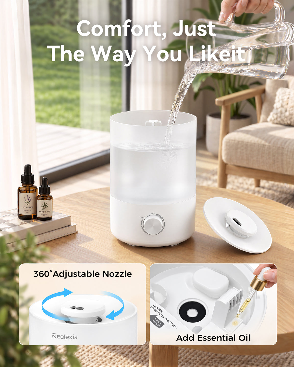 Reelexia 3L Cool Mist Humidifiers for Bedroom, Compact Tabletop Humidifier with Adjustable Mist, Night Light, Aroma Diffuser, Auto Shut-Off, White