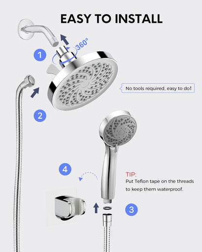 Hodvit 6" High Pressure Rainfall Shower Head and Handheld Combo, Plated with 60" Hose Anti-leak with Holder, Chrome