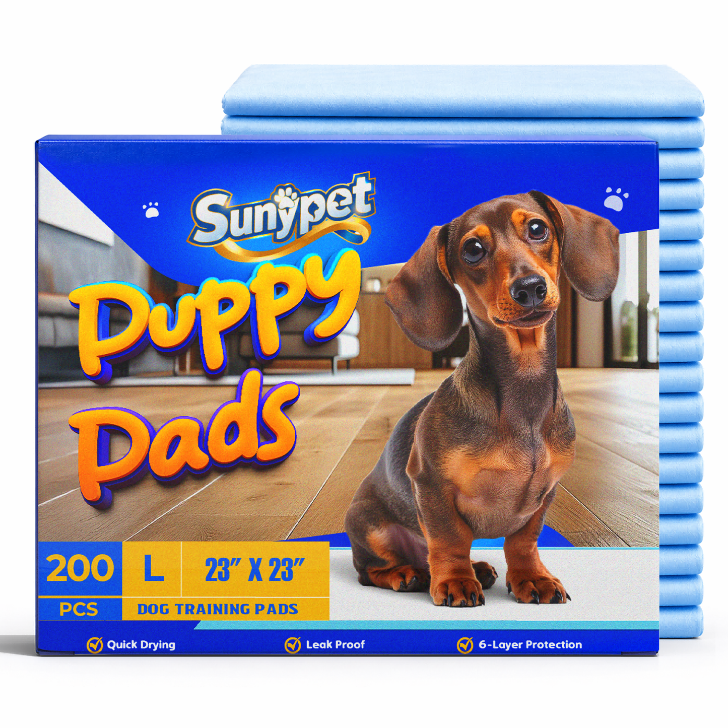 Sunypet Puppy Pads Disposable Dog Potty Training Pads, Quick Dry, Ultra Absorbent, L 23"x23", 200ct