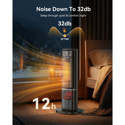 NFTIGB 24 inch Space Heater with Flame Effect, 1500W Ceramic Heater with Thermostat, PTC Heater for Indoor, 12H Timer & Remote, for Office, Bedroom, Living Room, New