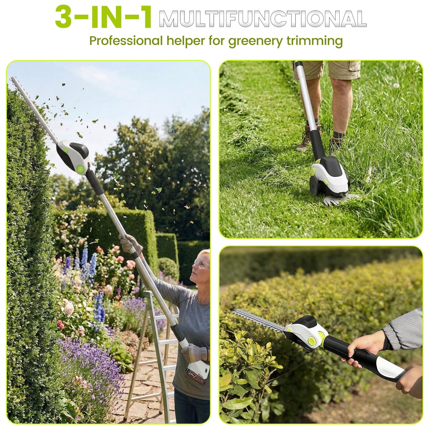 HOTREE 21V Cordless Pole Hedge Trimmer with 2 x 2.0Ah Batteries and Charger, 12ft Reach 3-in-1 Foldable Hedge Shrub Trimmer and Grass Shear ,Grey