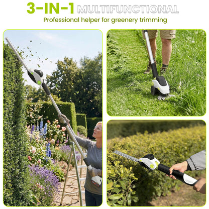 HOTREE 21V Cordless Pole Hedge Trimmer with 2 x 2.0Ah Batteries and Charger, 12ft Reach 3-in-1 Foldable Hedge Shrub Trimmer and Grass Shear ,Grey