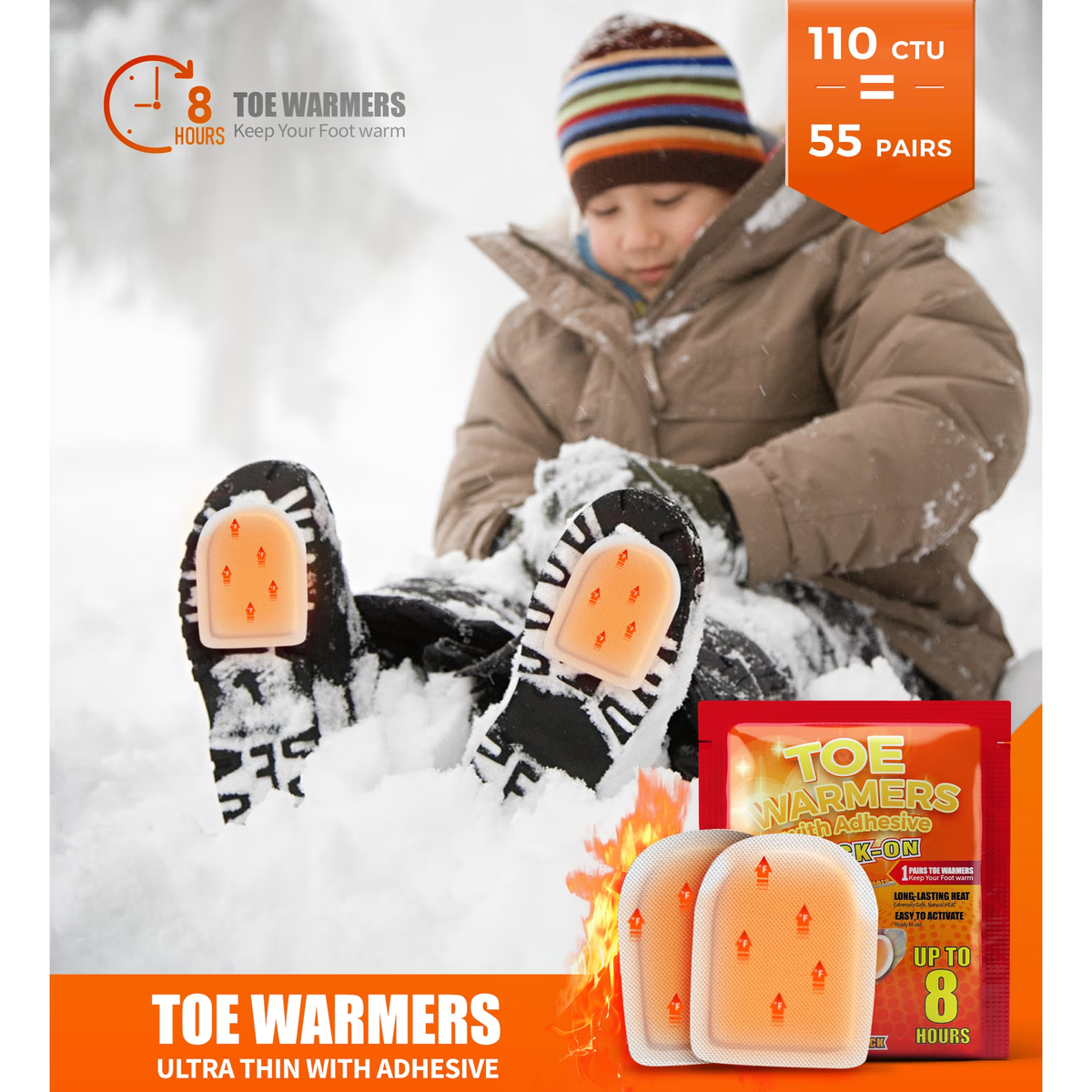 NFTIGB 55 Pack Foot Toe Warmers with Adhesive Backing, Air Activated Disposable Hand Warmer 8H Heat