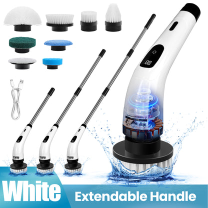 BIMZUC Electric Spin Scrubber, Cordless Cleaning Brush, 8 Replaceable Heads, Adjustable Handle, 400 RPM Power, for Bathroom, Kitchen, Floors, White