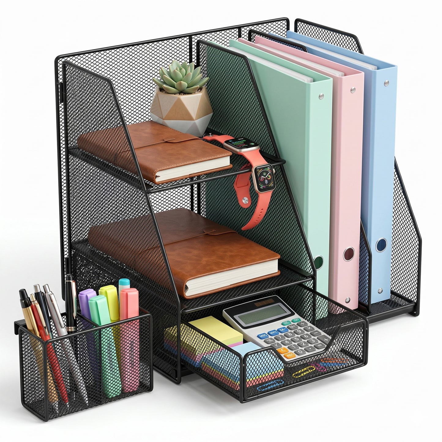 Riousery Desk Organizer with Drawer and 2 Pen Holders, Mesh File Organizer for Desk, Space-Saving Desktop Organizer for Office, Home, School