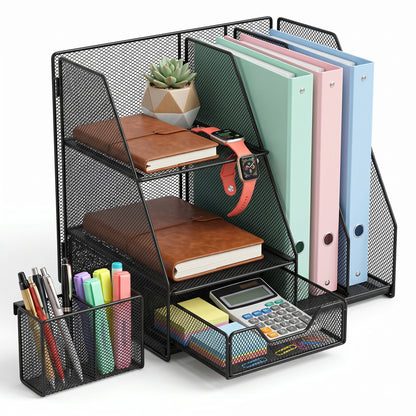 Riousery Desk Organizer with Drawer and 2 Pen Holders, Mesh File Organizer for Desk, Space-Saving Desktop Organizer for Office, Home, School