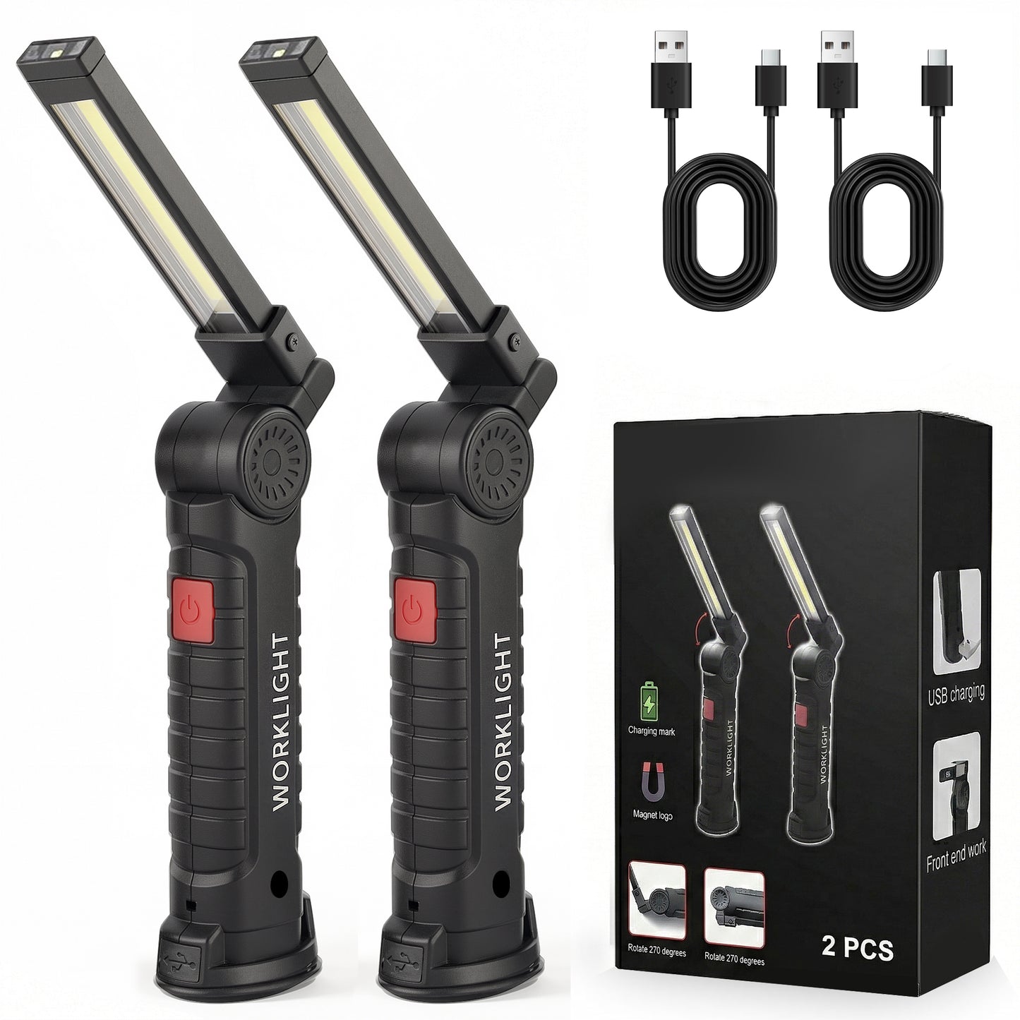 AOLIGO LED Work Light 2 Pack, Rechargeable COB Flashlight with 5 Modes, Magnetic Base and Hook, 360° Rotate, Foldable Portable Waterproof Light for Workshop, Camping, Emergency