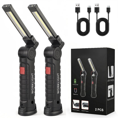 AOLIGO LED Work Light 2 Pack, Rechargeable COB Flashlight with 5 Modes, Magnetic Base and Hook, 360° Rotate, Foldable Portable Waterproof Light for Workshop, Camping, Emergency