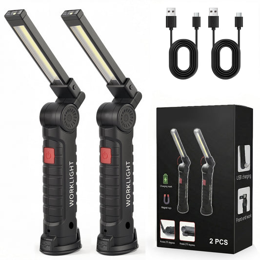 AOLIGO LED Work Light 2 Pack, Rechargeable COB Flashlight with 5 Modes, Magnetic Base and Hook, 360° Rotate, Foldable Portable Waterproof Light for Workshop, Camping, Emergency