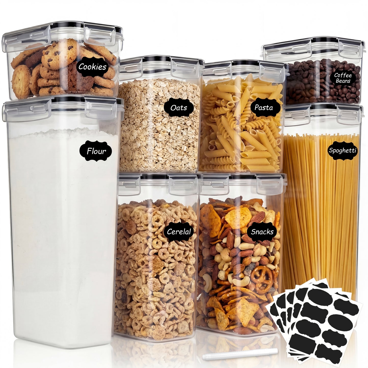 Riousery Airtight Food Storage Containers with Lids, 8-Piece Plastic Kitchen Pantry Canister Set for Cereal, Flour and Dry Food, with Labels and Marker