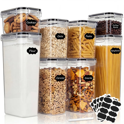 Riousery Airtight Food Storage Containers with Lids, 8-Piece Plastic Kitchen Pantry Canister Set for Cereal, Flour and Dry Food, with Labels and Marker