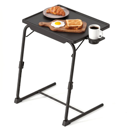 Riousery TV Tray Table with Cup Holders, Portable C-Shaped Side Dinner Tray Table, Adjustable 6 Heights & 3 Tilt Angle for Living Room, Bedroom, Black