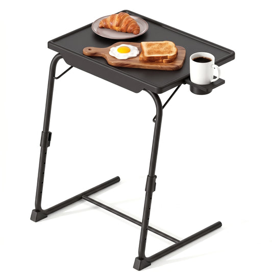 Riousery TV Tray Table with Cup Holders, Portable C-Shaped Side Dinner Tray Table, Adjustable 6 Heights & 3 Tilt Angle for Living Room, Bedroom, Black