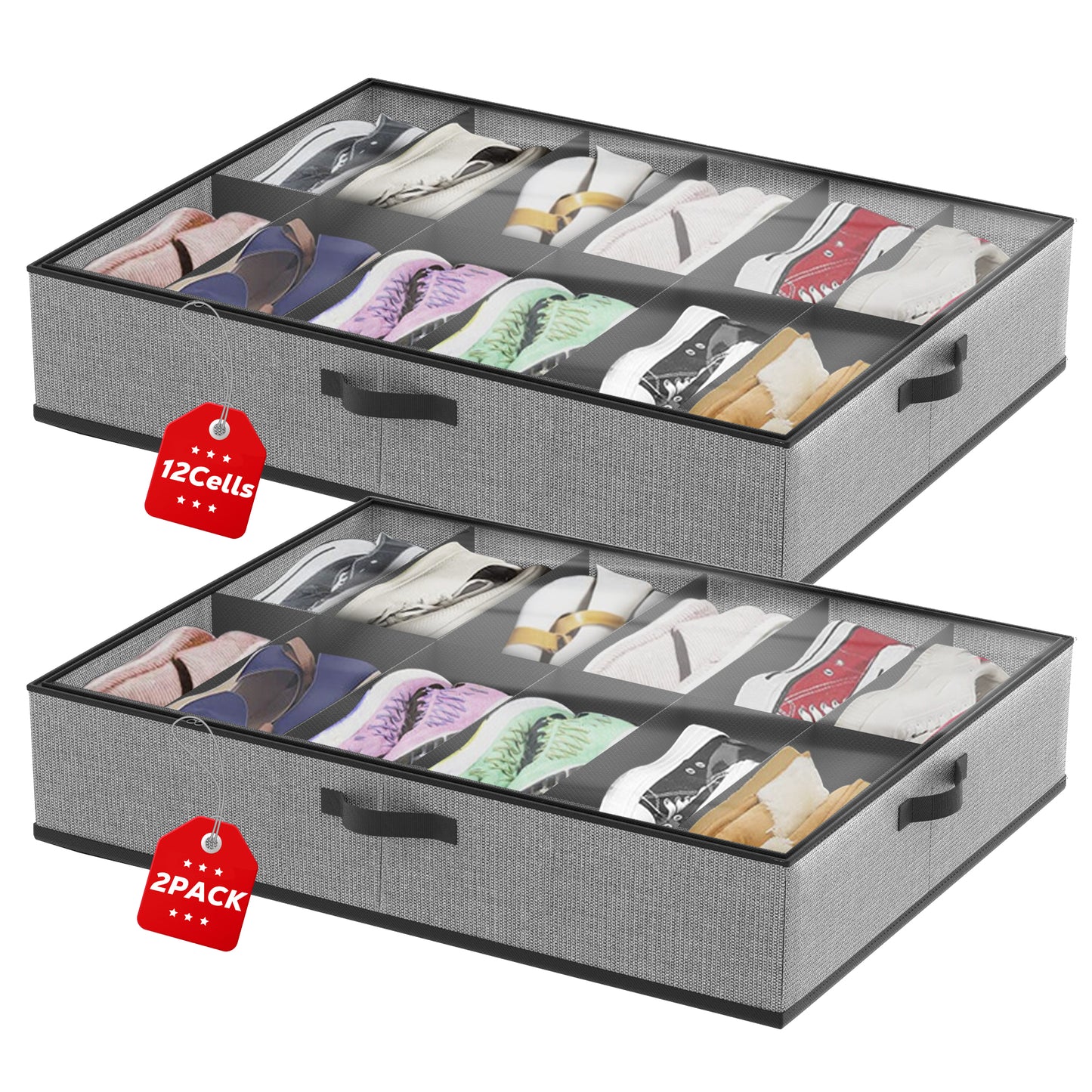 WEENEED 2-Pack Under Bed Shoe Storage Organizer, Fits 24 Pairs with Individual Dividers, Foldable Underbed Shoe Box for Closet