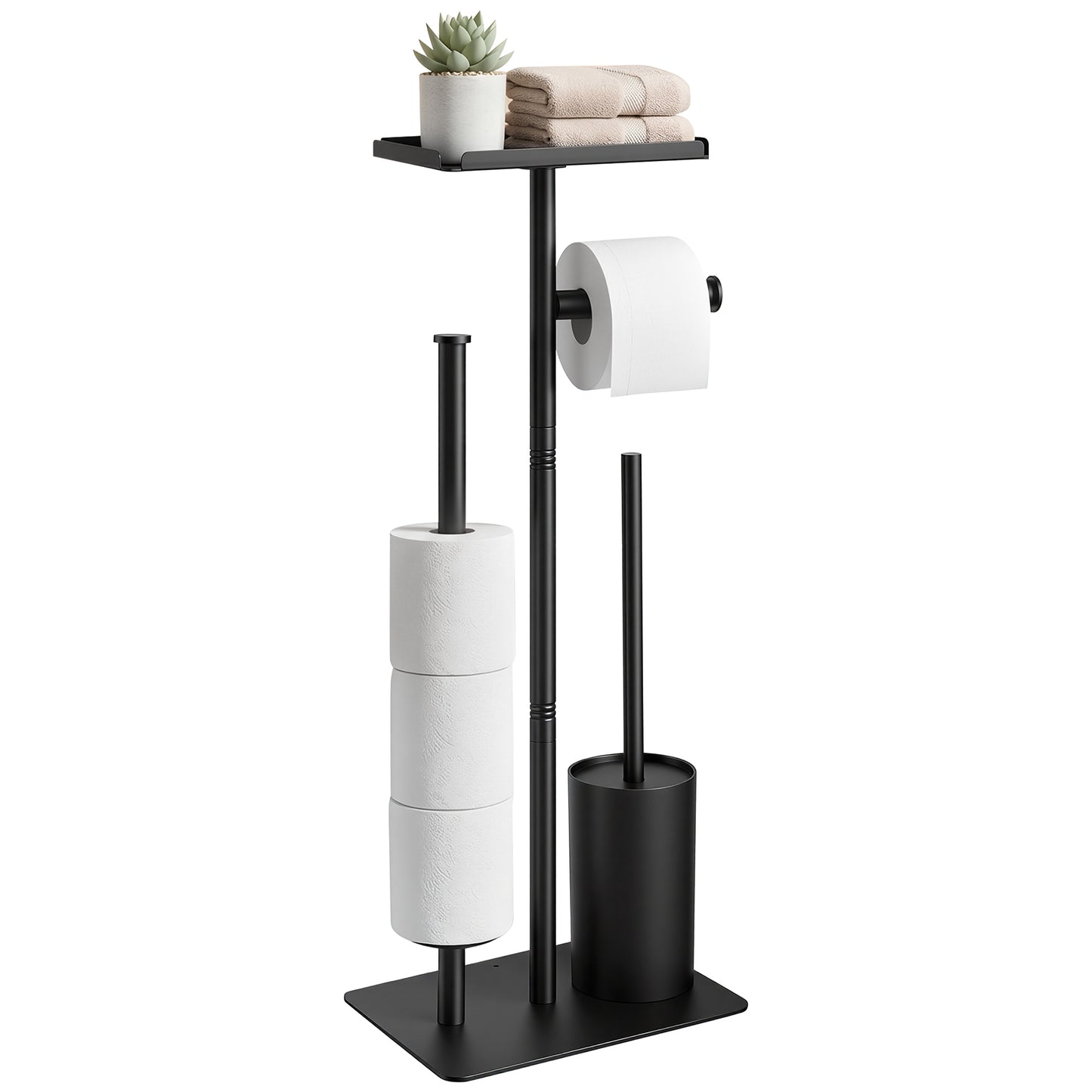 Riousery Toilet Paper Holder Stand with Shelf, Freestanding Bathroom Storage Organizer with Toilet Brush and Caddy Holder, Rustproof Metal, Black