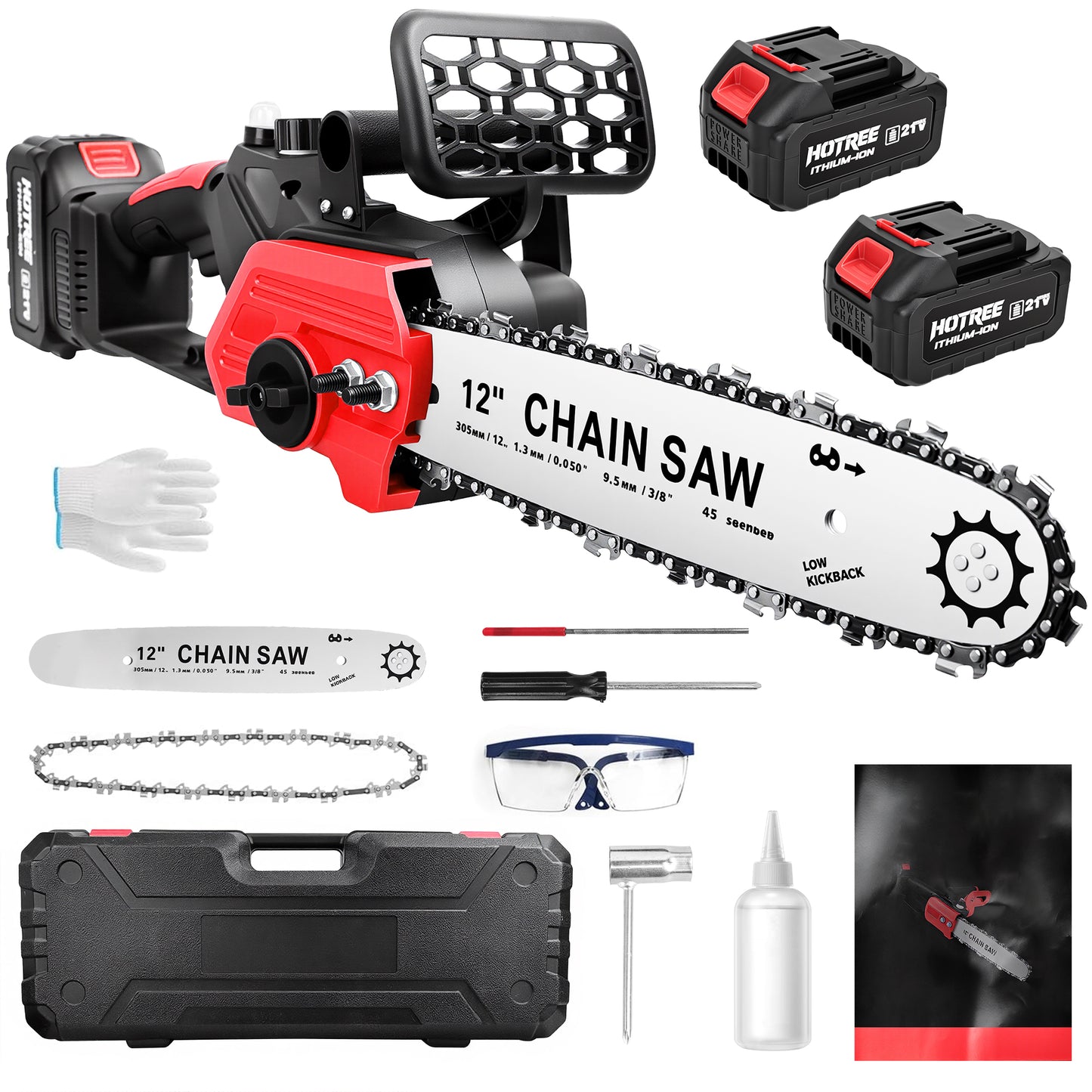 HOTREE 12 Inch Cordless Chainsaw, 21V Electric Handheld Chainsaw for Tree Trimming, Wood Cutting, Outdoor Yard Work