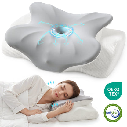 Riousery Ergonomic Cervical Pillow, Dual-Height Contoured Neck Support Pillow with Spine Alignment Bumps, Orthopedic Design for Back and Side Sleepers, White