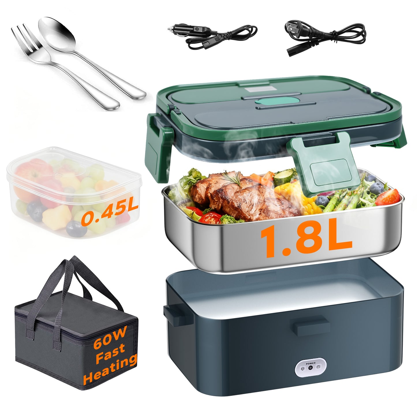 WEENEED Electric Lunch Box 1.8L, 60W Portable Food Heater for Car/Truck and Home, Stainless Steel with Fruit Box, Gray Green