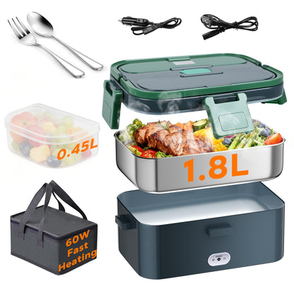 WEENEED Electric Lunch Box 1.8L, 60W Portable Food Heater for Car/Truck and Home, Stainless Steel with Fruit Box, Gray Green
