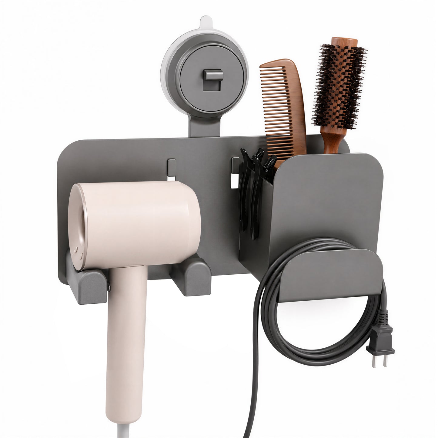 Riousery Hair Dryer Holder Wall Mount, No Drill Suction Cup Organizer with Storage Basket, Reusable Blow Dryer Holder for Bathroom