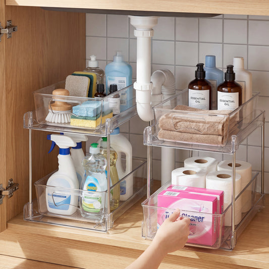 Riousery 2-Tier Clear Under Sink Organizer, 2-Pack Pull-Out Cabinet Storage, Stackable Design for Kitchen and Bathroom